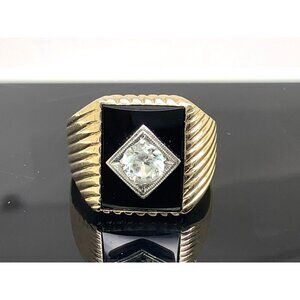 Statement Ring 10k Yellow Gold Cubic Zirconia Onyx Cocktail Men's Size 10.5
